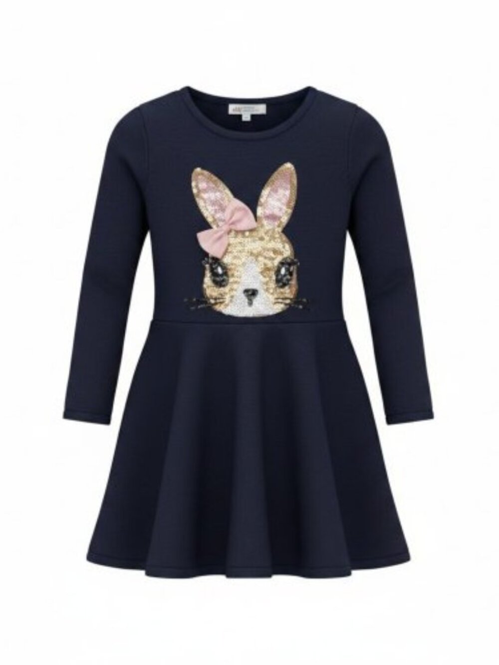 H&M Navy Blue Sequined Bunny Long Sleeved Knit Dress Girls Size 2-4
